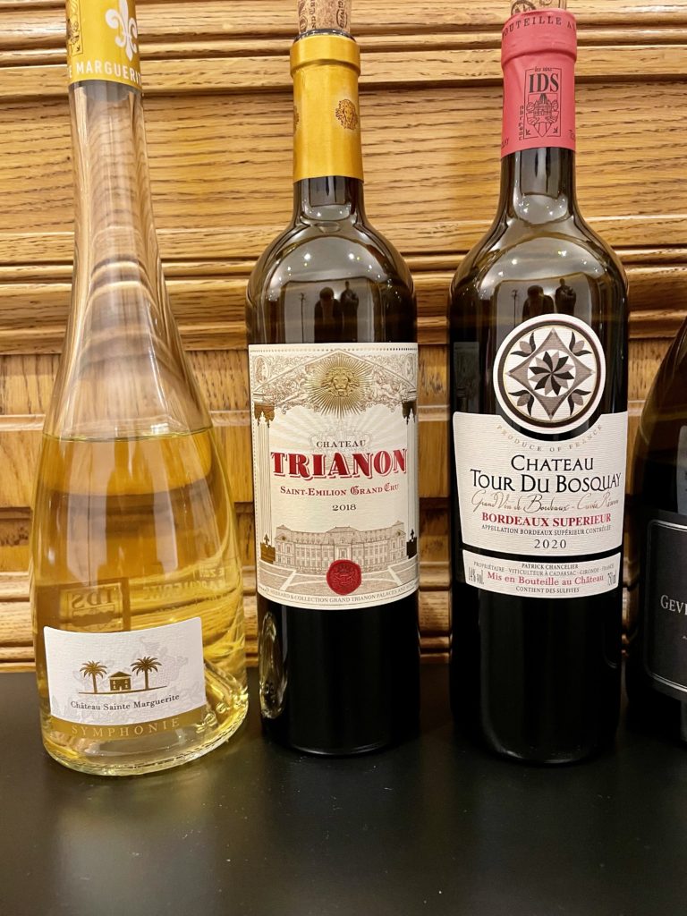2020 Chateau Sainte Marguerite, Cuvee Symphonie Blanc, Cotes de Provence; 2018 Chateau Trianon, Saint-Emilion Grand Cru; 2020 Chateau Tour du Bosquay, Bordeaux Superieur;