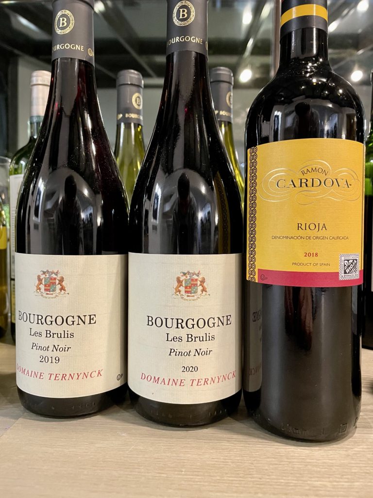2019 Domaine Ternynck, Bourgogne, Les Brulis ; 2020 Domaine Ternynck, Bourgogne, Les Brulis; 2018 Ramon Cardova, Rioja