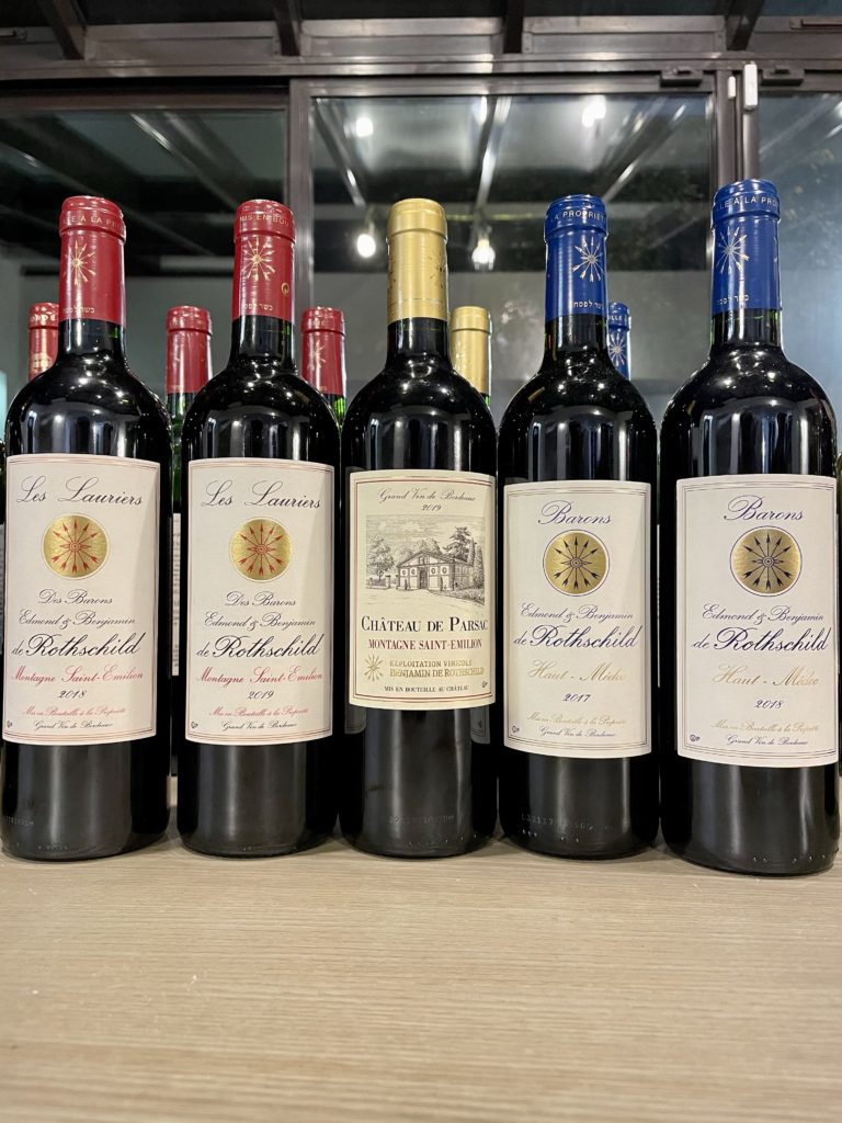 2018 Barons Edmond & Benjamin de Rothschild, Les Lauriers, Montagne Saint-Emilion; 2019 Barons Edmond & Benjamin de Rothschild, Les Lauriers, Montagne Saint-Emilion; 2019 Chateau de Parsac, Montagne Saint-Emilion; 2017 Barons Edmond & Benjamin De Rothschild, Haut-Medoc; 2018 Barons Edmond & Benjamin De Rothschild, Haut-Medoc