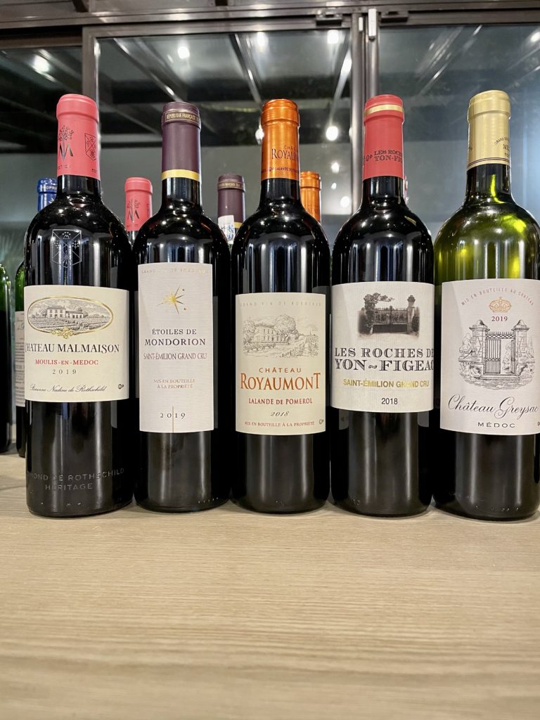 2019 Chateau Malmaison, Moulis-en-Medoc; 2019 Etoiles de Mondorion, Grand Vin de Bordeaux; 2018 Chateau Royaumont, Lalande de Pomerol; 2018 Les Roches de Yon-Figeac, Saint-Emilion Grand Cru; 2019 Chateau Greysac, Medoc