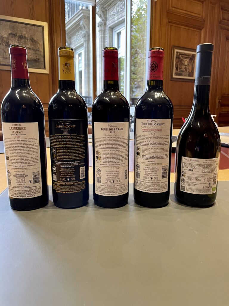 2020 Chateau Labegorce, Margaux; 2020 Chateau Lafon Rochet, Saint Estephe; 2021 Chateau Tour du Barail, Bordeaux Superieur; 2020 Chateau Tour du Bosquay, Cuvee Reserve, Bordeaux Superieur; 2021 Tokaj-Hetszolo, Sarga Muskotaly, Domaine Imperial Premier Cru Classe since 1772, Tokaji (back labels)