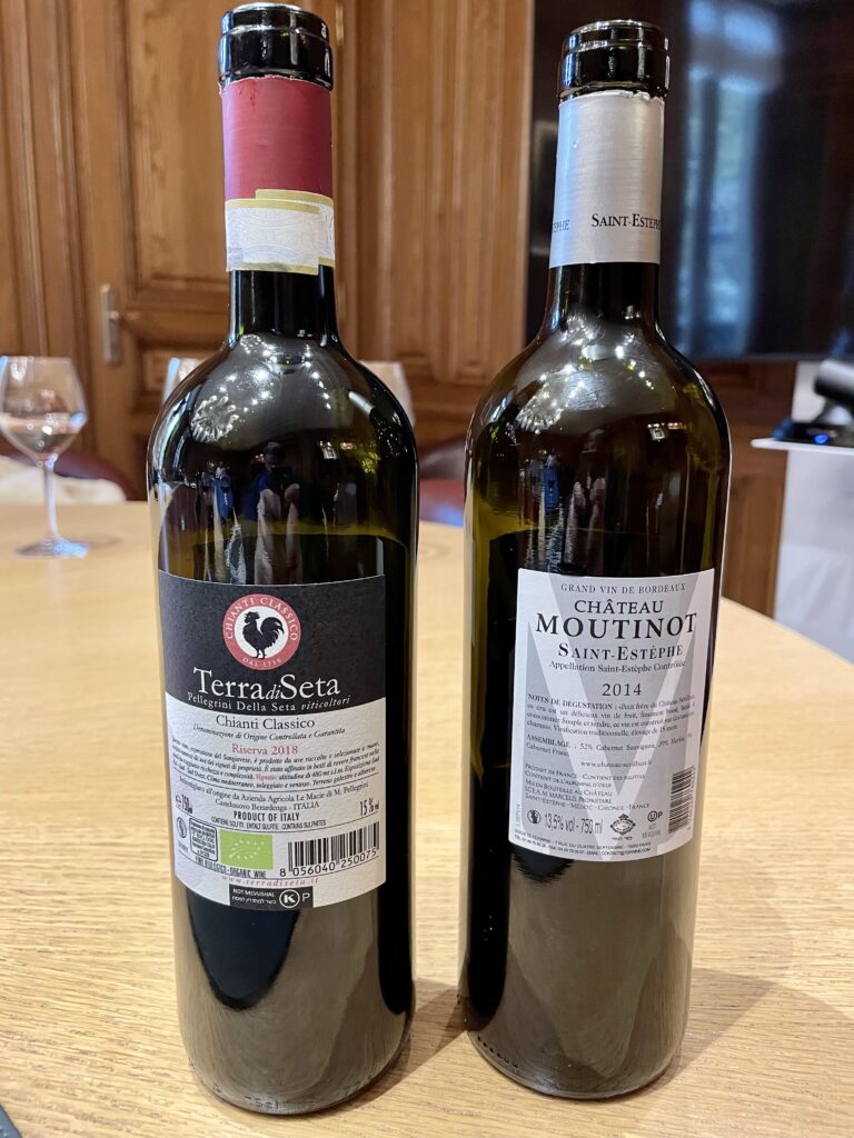 2018 Terra di Seta, Chianti Classico, Riserva; 2014 Chateau Moutinot, Saint Estephe (back labels)