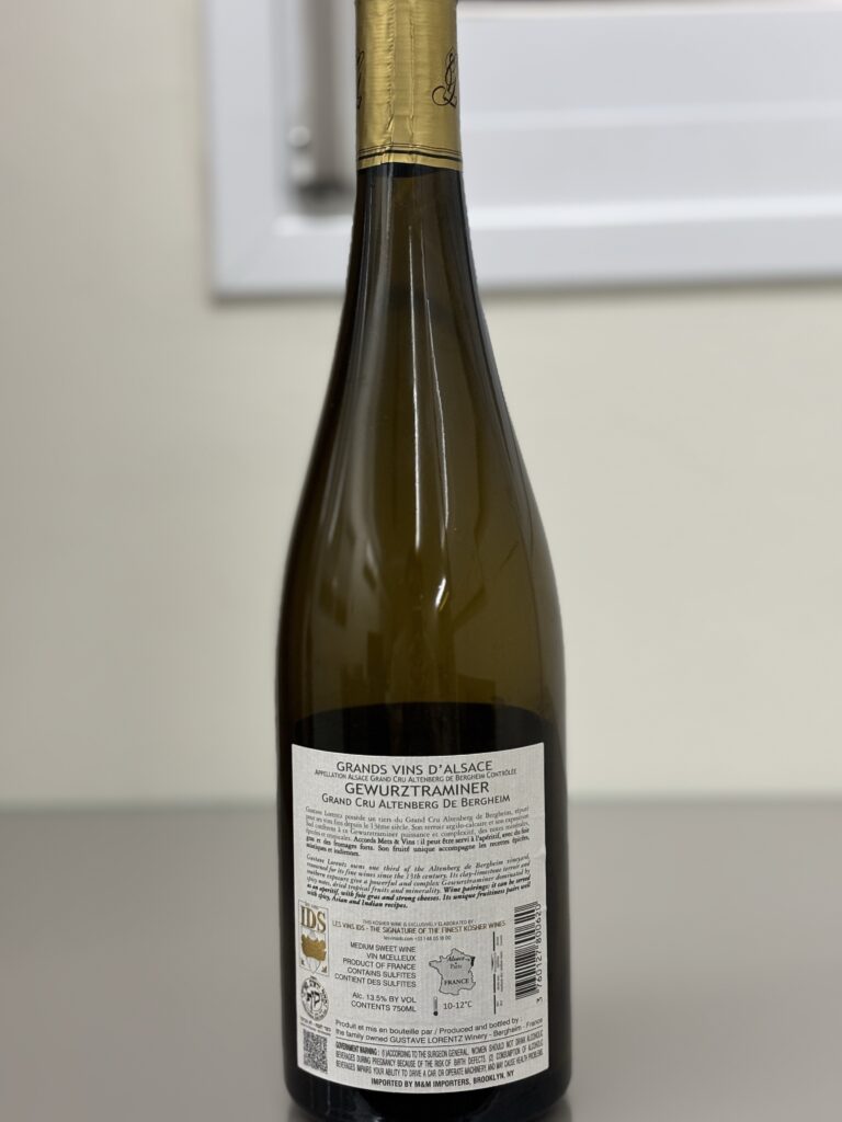2021 Gustave Lorentz, Gewurztraminer, Grand Cru Altenberg De Bergheim, Alsace (back label);