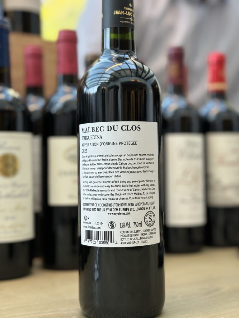 2022 Clos Triguedina, Malbec du Clos, Cahors (back label)