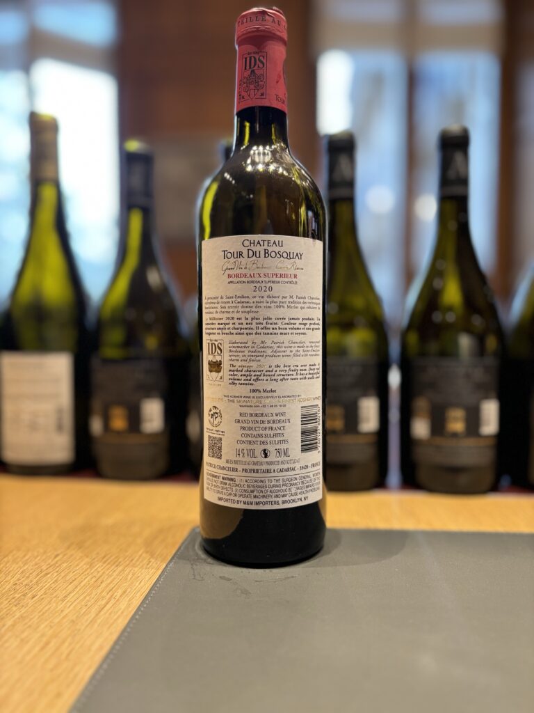 2020 Chateau Tour du Bosquay, Cuvee Reserve, Bordeaux Superieur (back label);