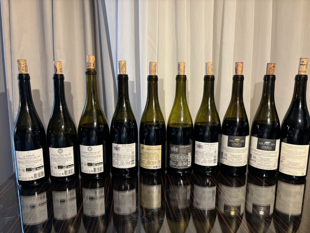 2022 Domaine La Martinelle, Cotes du Rhone Villages, Visan (back label); 2022 Vignobles Vuillemin de Valois, Cotes du Rhone Villages, Bonne Etoile (back label); 2022 Vignobles Vuillemin de Valois, Cotes du Rhone Villages, Les Achenaux (back label); 2022 Domaine Aimé Arnoux, Vacqueyras (back label); 2022 Maison Arnoux et Fils, Vieux Clocher, Cotes du Rhone (back label); 2022 Aimé Arnoux, Chateauneuf du Pape (back label); 2022 Aimé Arnoux, Gigondas (back label); 2020 Domaine de Corps de Loup, Cote-Rotie, Fusion (back label); 2020 Domaine de Corps de Loup, Cote-Rotie, Le Lievre (back label); 2019 Les Vins de Vienne, Crozes-Hermitage, Les Chaponeres (back label);