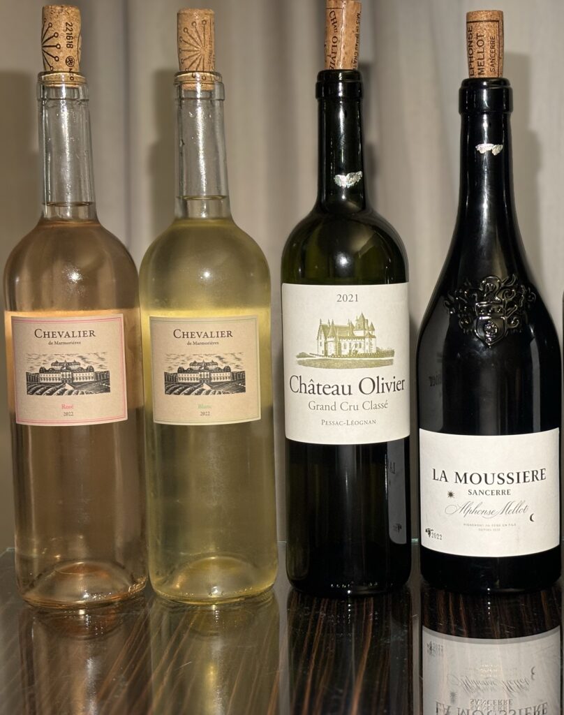 2022 Chevalier De Marmorieres, Rose, Vin de France; 2022 Chevalier De Marmorieres, Blanc, Vin de France; 2021 Chateau Olivier Blanc, Grand Cru Classe, Pessac-Leognan; 2022 Alphonse Mellot, Sancerre, La Moussiere;