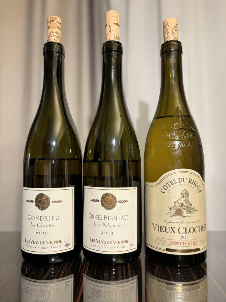 2019 Les Vin de Vienne, Condrieu, La Chambee; 2019 Les Vins de Vienne, Crozes-Hermitage, Les Palignons; 2021 Maison Arnoux et Fils Vieux Clocher, Blanc, Cotes du Rhone;