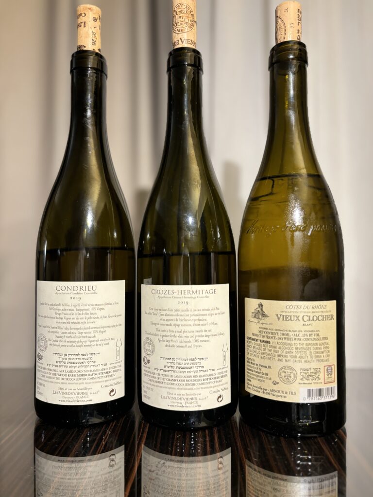 2019 Les Vin de Vienne, Condrieu, La Chambee(back label); 2019 Les Vins de Vienne, Crozes-Hermitage, Les Palignons(back label); 2021 Maison Arnoux et Fils Vieux Clocher, Blanc, Cotes du Rhone (back label);