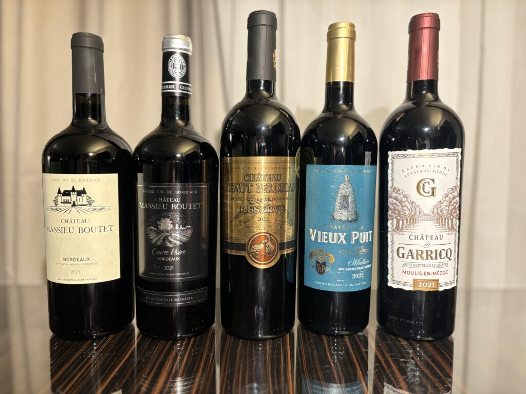 2021 Chateau Massieu Boutet, Bordeaux; 2021 Chateau Massieu Boutet, Cuvee Noir, Bordeaux; 2022 Chateau Haut Perdrias, Reserve, Blaye Cotes de Bordeaux; 2022 Chateau du Vieux Put, Malbec, Blaye Cotes de Bordeaux; 2021 Chateau la Garricq, Moulis-En-Medoc;