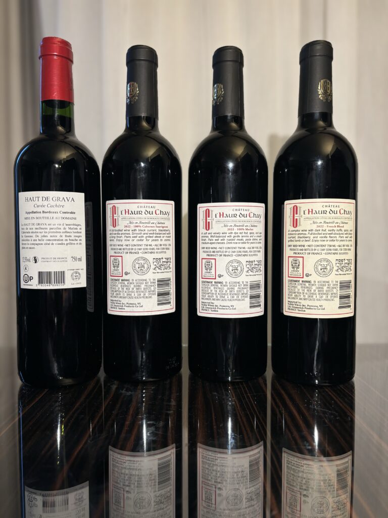 2022 Haut de Grava, Bordeaux (back label); 2022 Chateau L’ Haur Du Chay, Merlot, Blaye Cotes de Bordeaux (back label); 2022 Chateau L’ Haur Du Chay, Cabernet Sauvignon, Blaye Cotes de Bordeaux (back label); 2022 Chateau L’ Haur Du Chay, French Blend, Blaye Cotes de Bordeaux (back label);