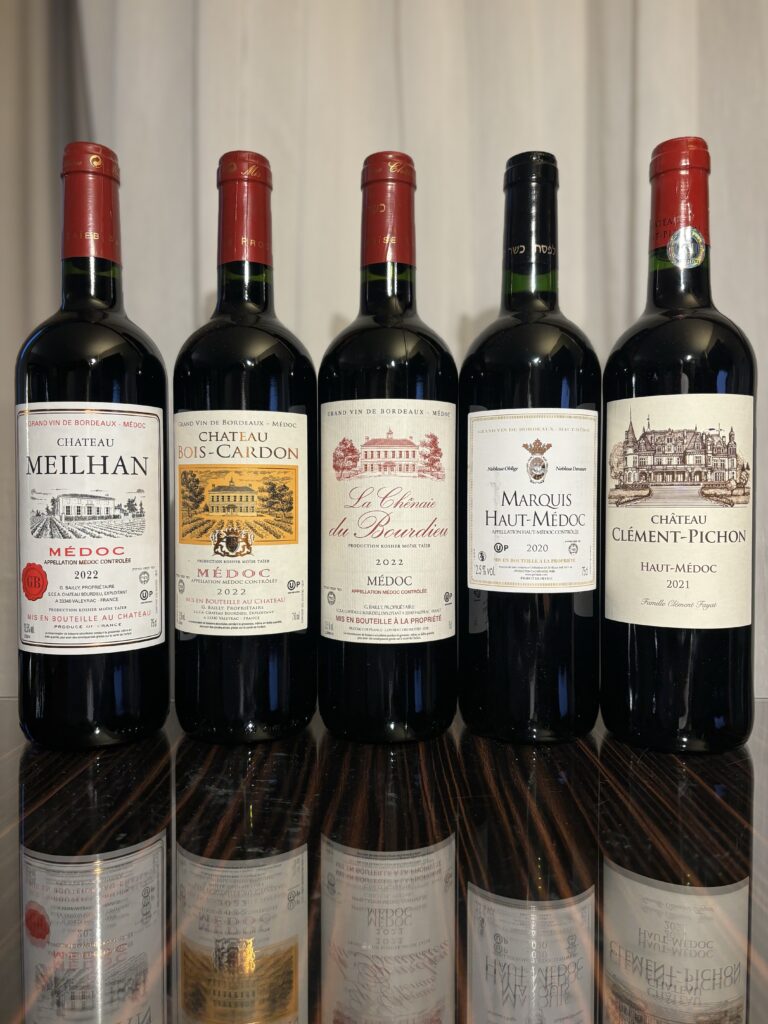 2022 Chateau Meilhan, Medoc; 2022 Chateau Bois-Cardon, Medoc; 2022 La Chenaie du Bourdieu, Medoc; 2020 Marquis Haut-Medoc, Haut-Medoc; 2021 Chateau Clement-Pichon, Haut-Medoc;