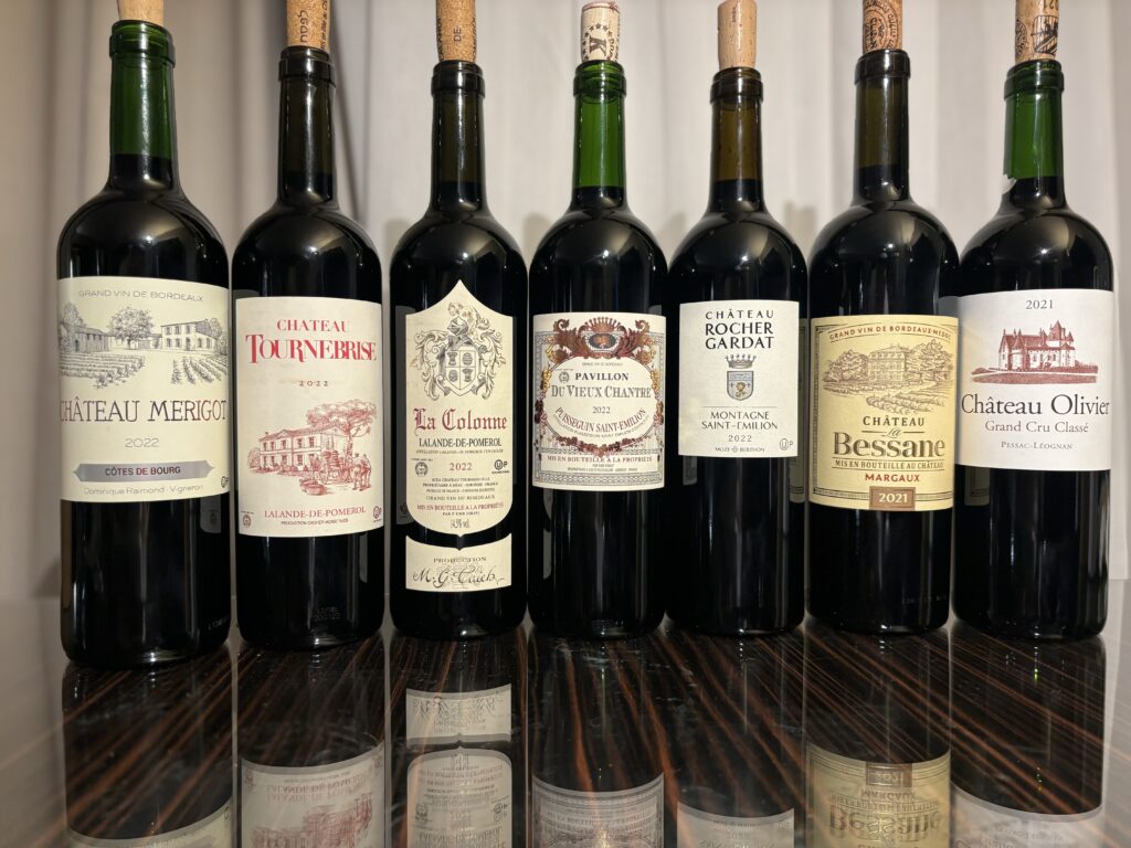2022 Chateau Merigot, Cotes de Bourg; 2022 Chateau Tournebrise, Lalande de Pomerol; 2022 La Colonne, Lalande de Pomerol; 2022 Pavillon du Vieux Chantre, Puisseguin Saint-Emilion; 2022 Chateau Rocher Gardat, Montagne Saint-Emilion; 2021 Chateau La Bessane, Margaux; 2021 Château Olivier Grand Cru Classe, Pessac-Léognan;