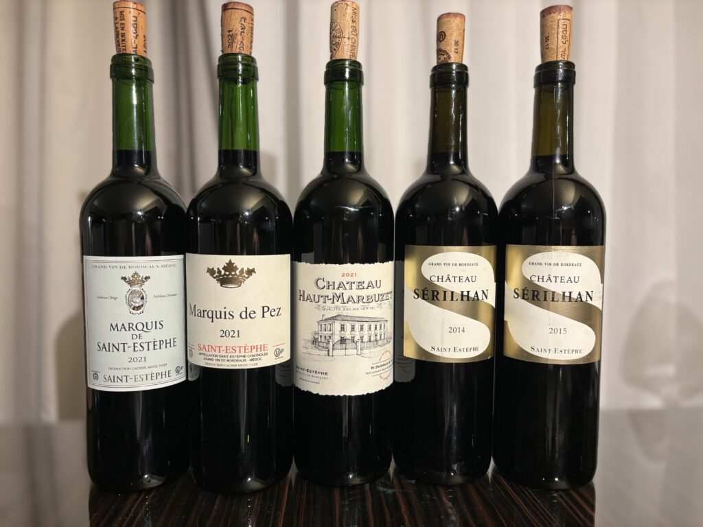 2021 Marquis de Saint-Estephe, Saint-Estephe; 2021 Marquis de Pez, Saint-Estephe; 2021 Chateau Haut-Marbuzet, Saint-Estephe; 2014 Chateau Serilhan, Saint-Estephe; 2015 Chateau Serilhan, Saint-Estephe;