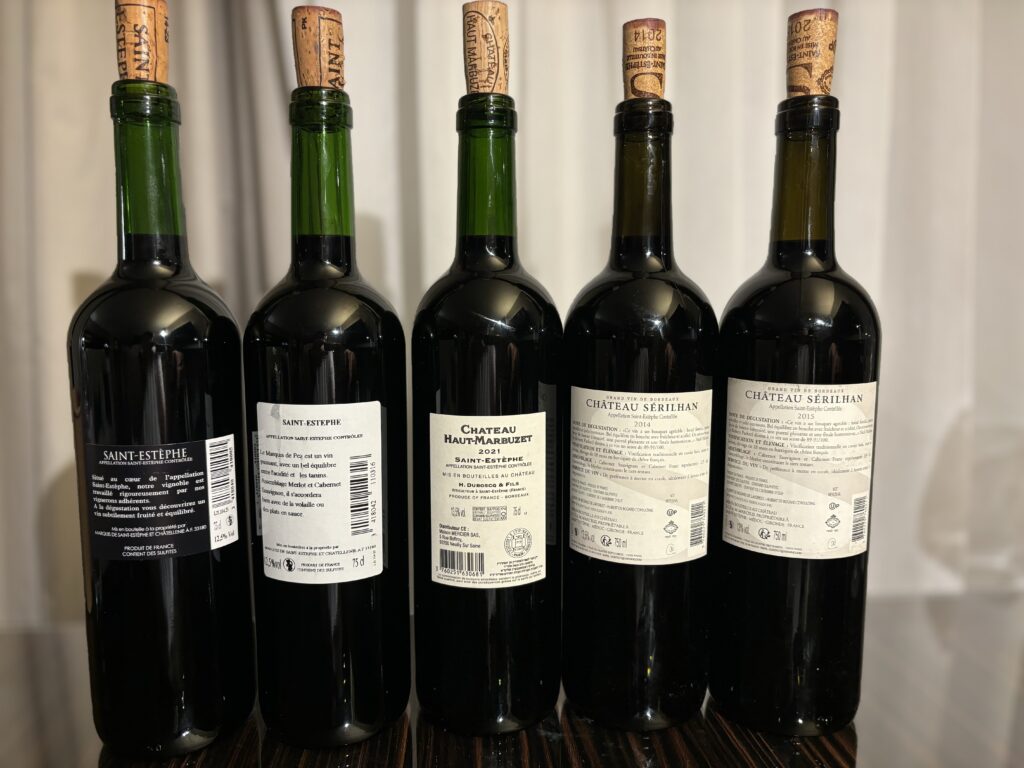 2021 Marquis de Saint-Estephe, Saint-Estephe (back label); 2021 Marquis de Pez, Saint-Estephe (back label); 2021 Chateau Haut-Marbuzet, Saint-Estephe (back label); 2014 Chateau Serilhan, Saint-Estephe (back label); 2015 Chateau Serilhan, Saint-Estephe (back label);
