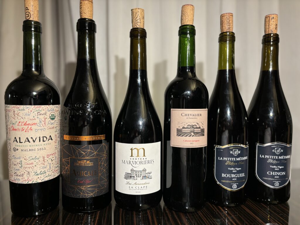 2022 Domaine Bousquet, Alavida, Mendoza; N.V. Cantine Di Ora Amicale, Rosso, Limited Edition, Corvina Oak Aged, Veneto; 2021 Château de Marmorières, Les Amandiers, La Clape, Languedoc; 2021 Chevalier de Marmorieres, Cabernet Sauvignon, Vin de France; 2022 Philippe Paine, La Petite Metairie, Bourgueil; 2022 Philippe Paine, La Petite Metairie, Chinon;