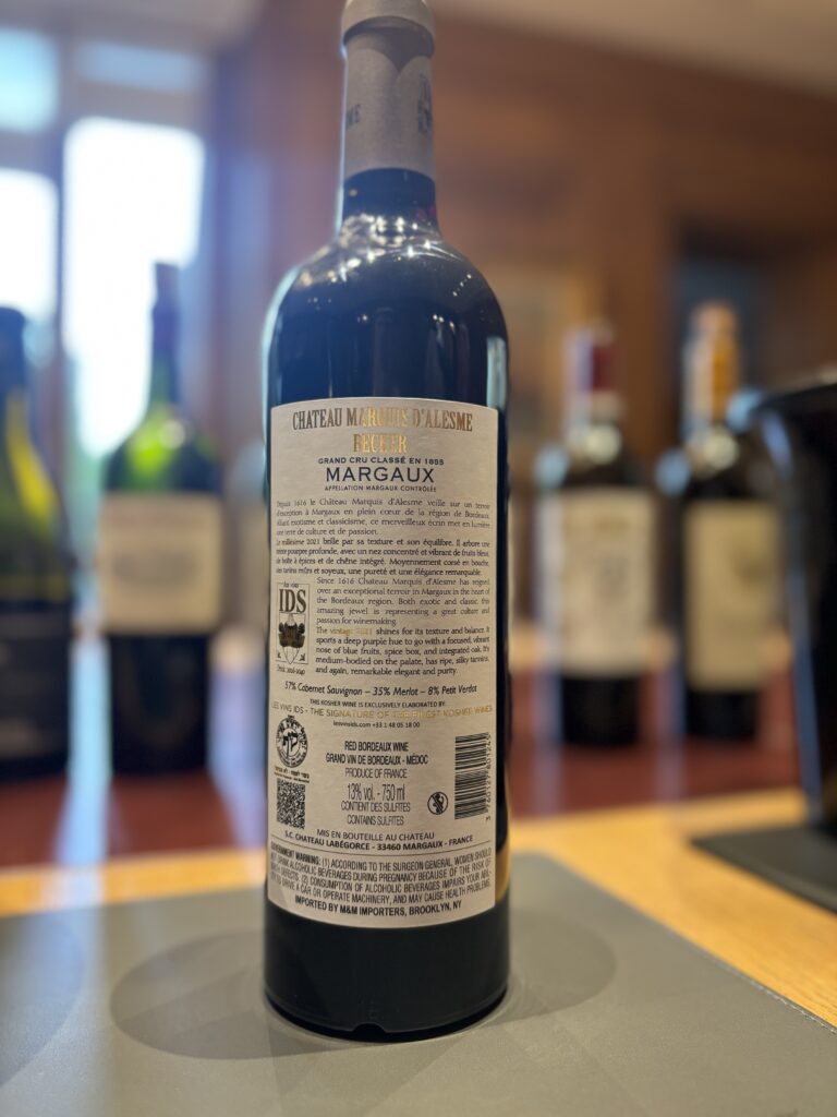 2021 Château Marquis d’Alesme Becker, Grand Cru Classé en 1855, Margaux (back label);