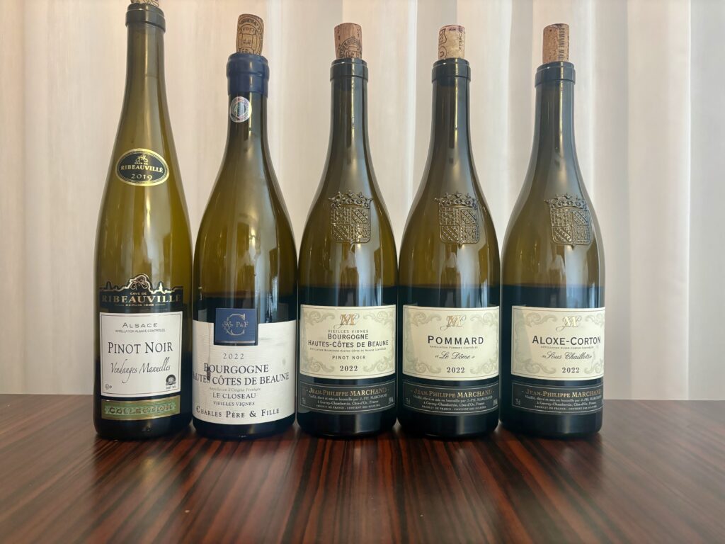 2019 Cave de Ribeauville, Pinot Noir, Vendanges Manuelles; 2022 Charles Pere & Fille, Bourgogne, Hautes Cotes De Beaune, Le Closeau, Vieilles Vignes; 2022 JP Marchand, Bourgogne, Hautes-Cotes de Beaune; 2022 JP Marchand, Pommard, Le Dome; 2022 JP Marchand, Aloxe Corton, Sous Chaillot;
