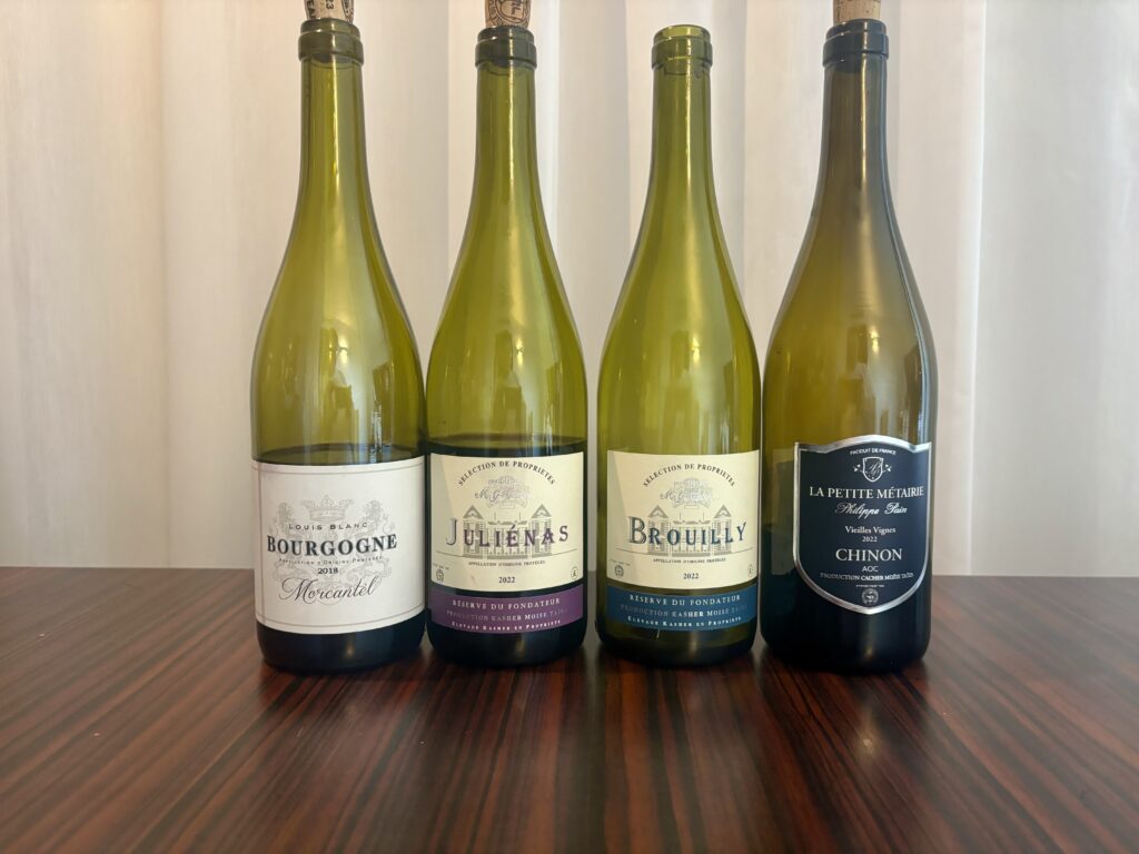 2018 Louis Blanc, Morcantel, Bourgogne; 2022 Moise Taieb, Julienas, Reserve du Fondateur, Beaujolais; 2022 Moise Taieb, Cote de Brouilly, Reserve du Fondateur, Beaujolais; 2022 Moise Taieb, La Petite Metairie, Chinon, Vieilles Vignes;