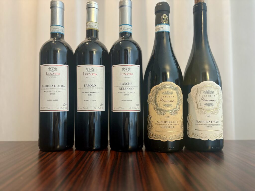 2022 Luzzatto, Barbera D’Alba; 2019 Luzzatto, Barolo; 2022 Luzzatto, Nebbiolo, Langhe; 2021 Cascina Perrone, Nebbiolo, Monferrato; 2021 Cascina Perrone, Barbera d'Asti;
