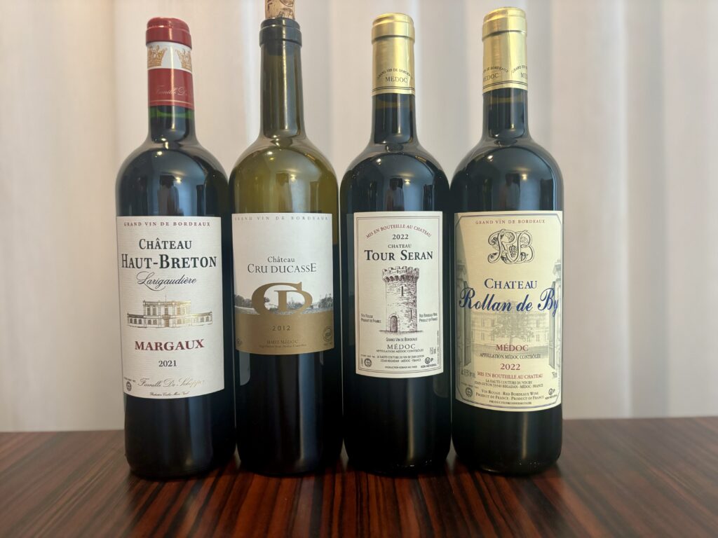 2021 Chateau Haut-Breton Larigaudiere, Margaux; 2012 Chateau Cru Ducasse, Haut Medoc; 2022 Chateau Tour Seran, Medoc; 2022 Chateau Rollan de By, Medoc;