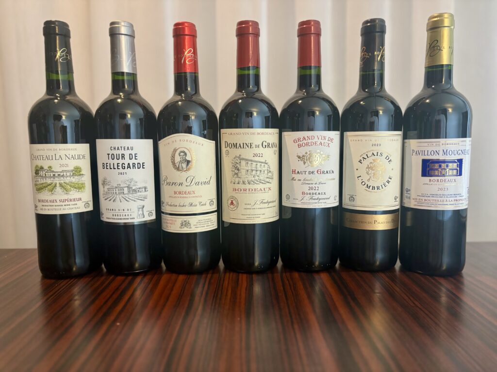 2021 Chateau La Naude, Bordeaux Superieur; 2021 Chateau Tour de Bellegarde, Bordeaux Superieur; 2023 Baron David, Bordeaux; 2022 Domaine de Grava , Bordeaux; 2022 Haut de Grava, Bordeaux; 2023 Palais de L’Ombriere, Bordeaux; 2023 Pavillon Mougneau, Bordeaux;