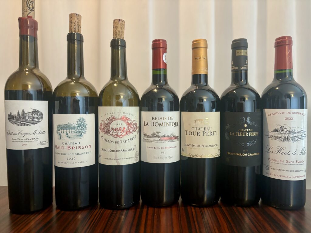 2016 Chateau Croque Michotte, Saint-Emilion Grand Cru; 2020 Chateau Haut Brisson, Saint-Emilion Grand Cru; 2020 Pavillon de Taillefer, Saint-Emilion Grand Cru; 2021 Relais de La Dominique, Saint-Emilion Grand Cru; 2022 Chateau Tour Perey, Saint-Emilion Grand Cru; 2022 Chateau La Fleur Perey, Saint-Emilion Grand Cru; 2022 Les Hauts de Mole , Puisseguin Saint-Emilion;