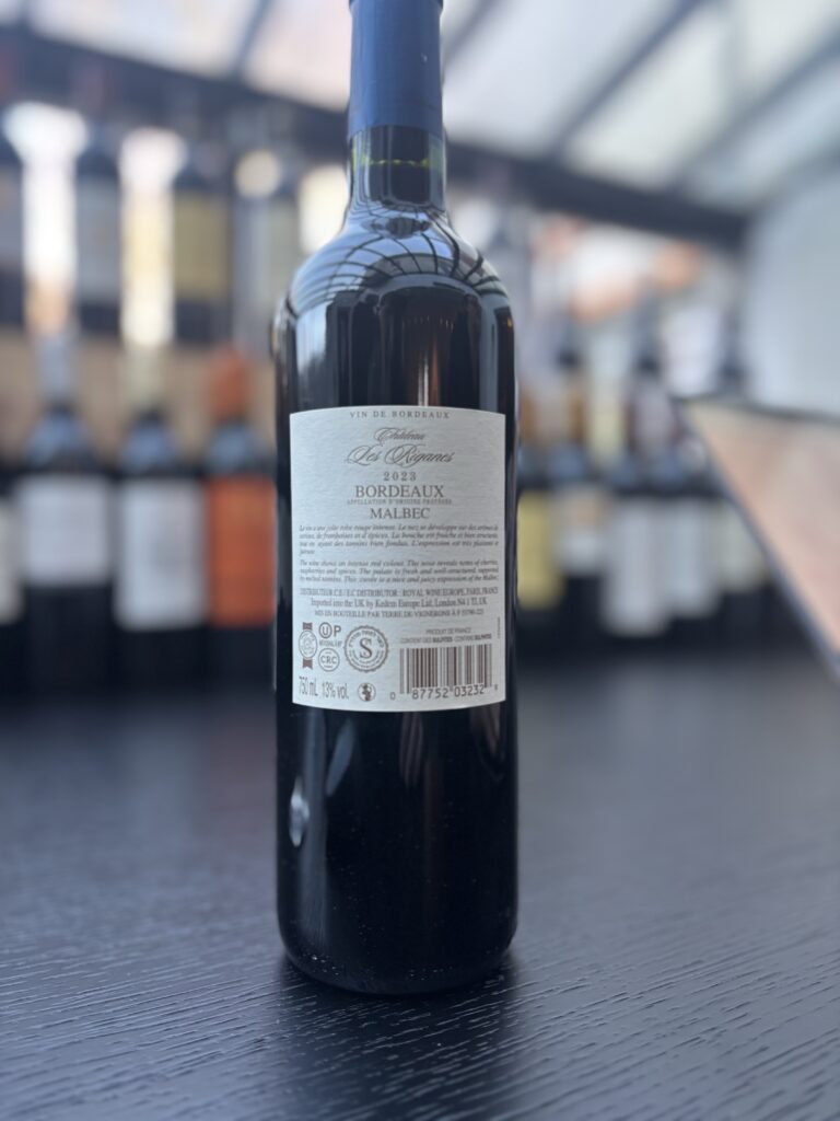 2023 Chateau les Riganes, Malbec, Bordeaux (back label);