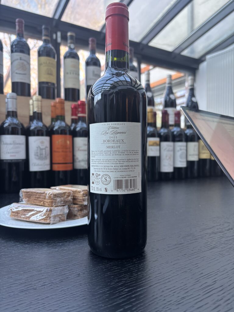 2023 Chateau les Riganes, Merlot, Bordeaux (back label);