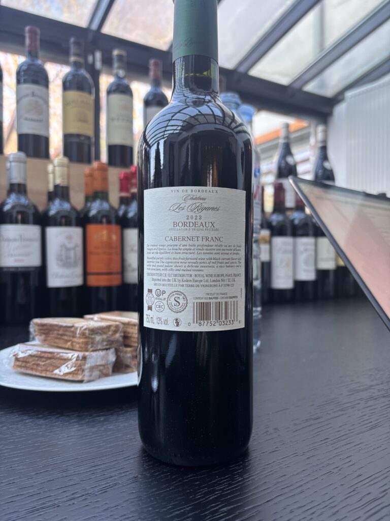 2023 Chateau les Riganes, Cabernet Franc, Bordeaux (back label);