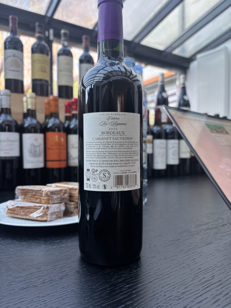2023 Chateau les Riganes, Cabernet Sauvignon, Bordeaux (back label);