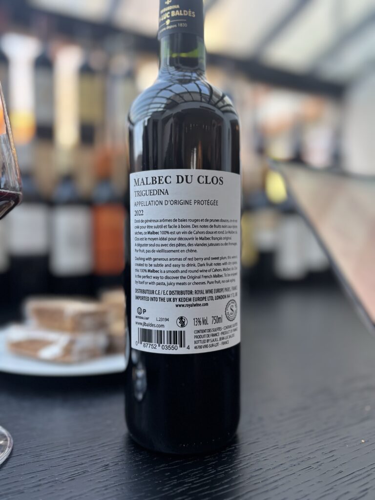 2022 Clos Triguedina, Malbec du Clos, Cahors (back label):