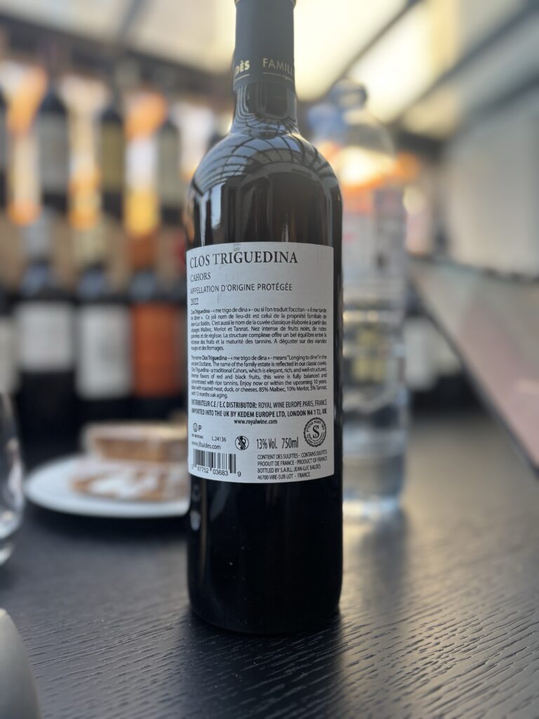 2022 Clos Triguedina, Cahors (back label);