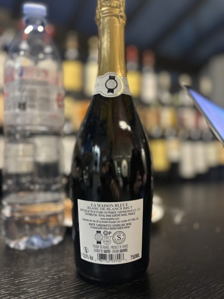 NV La Maison Bleue, Blanc de Blanc, Brut (back label);