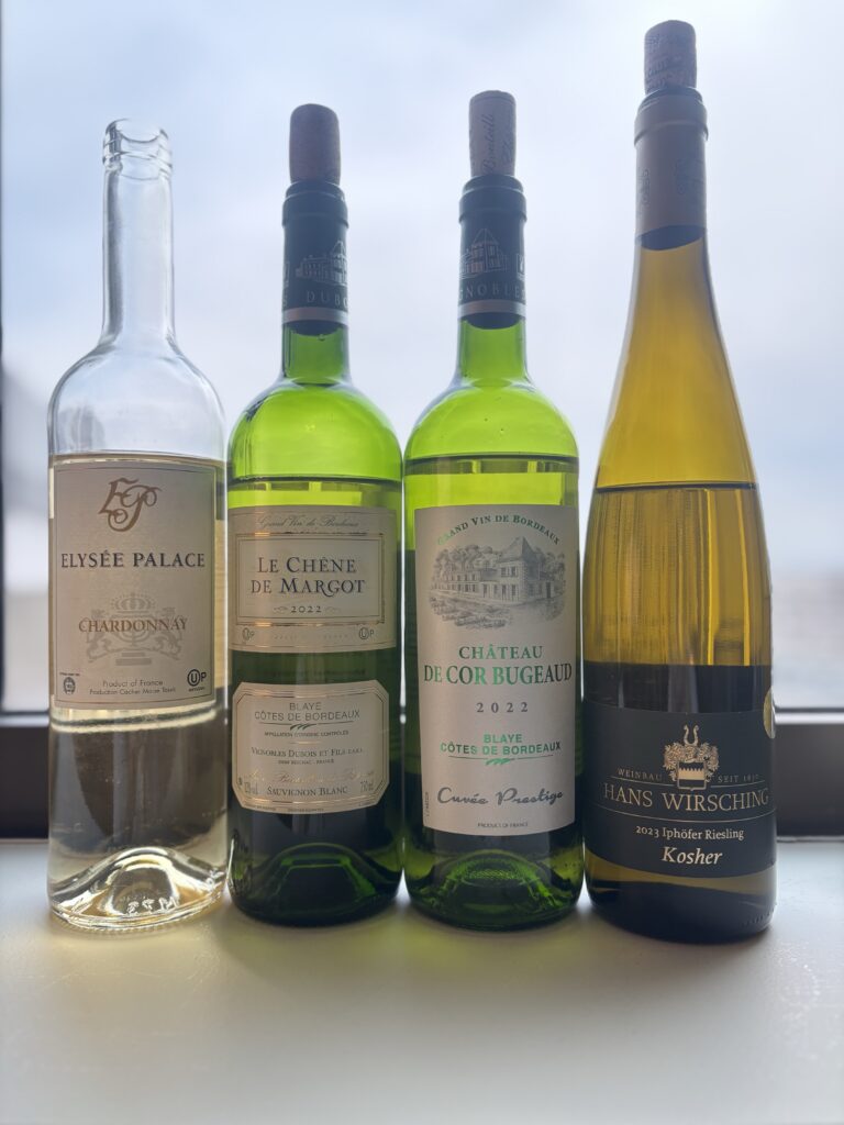 2024 Elysee Palace, Chardonnay, Pays d’Oc; 2022 Le Chene de Margot, Blaye-Cotes de Bordeaux; 2022 Chateau de Cor Bugeaud, Cuvee Prestige, Blaye-Cotes de Bordeaux;2023 Hans Wirsching, Iphofer Riesling;