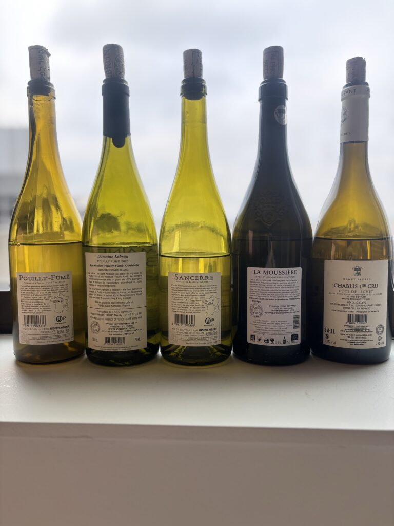 2023 Joseph Mellot, Pouilly Fume, Le Chant des Vignes; 2023 Domaine Lebrun, Pouilly Fume; 2023 Joseph Mellot, Sancerre, La Graviere; 2022 Alphonse Mellot, Sancerre, La Moussiere; 2017 Dampt Freres, Chablis, Premier Cru, Cote de Lechet; (back labels);