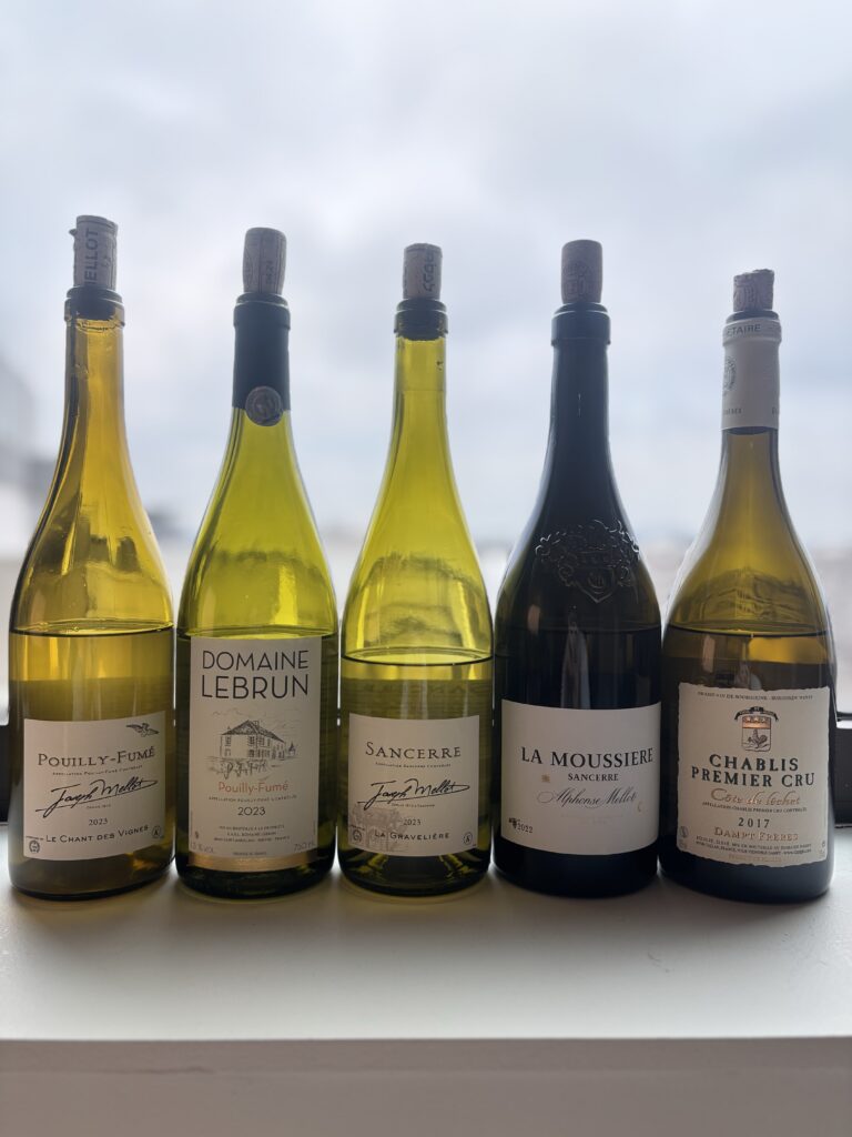 2023 Joseph Mellot, Pouilly Fume, Le Chant des Vignes; 2023 Domaine Lebrun, Pouilly Fume; 2023 Joseph Mellot, Sancerre, La Graviere; 2022 Alphonse Mellot, Sancerre, La Moussiere; 2017 Dampt Freres, Chablis, Premier Cru, Cote de Lechet;