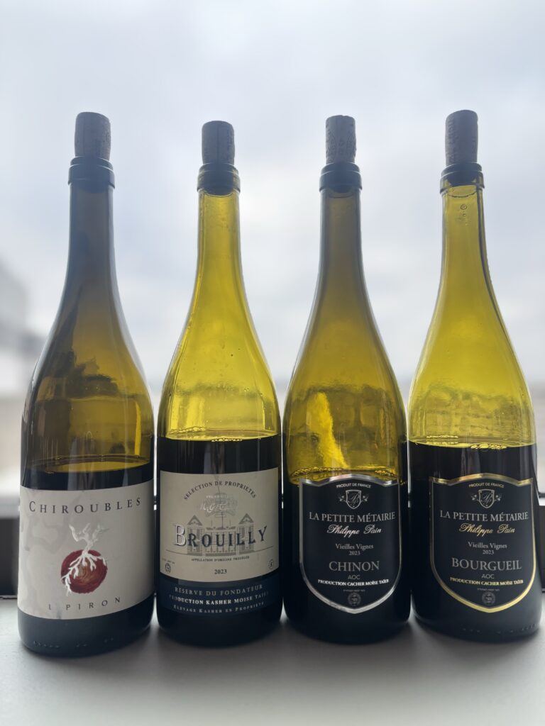 2023 Dominique Piron, Chiroubles, Beaujolais; 2023 Moise Taieb Cote de Brouilly, Reserve du Fondateur, Beaujolais; 2023 Moise Taieb, La Petite Metairie, Chinon, Vieilles Vignes, Loire Valley; 2023 Moise Taieb, La Petite Metairie, Bourgueil, Loire Valley;