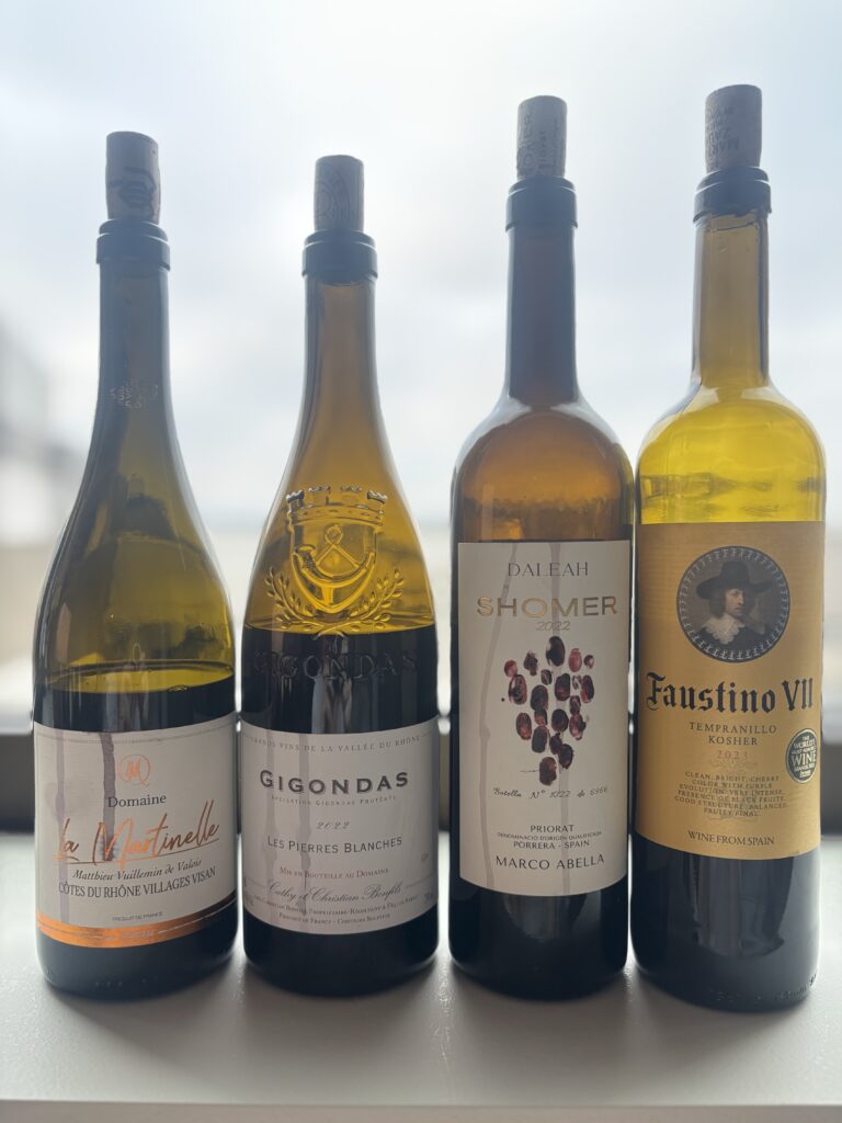 2022 Domaine La Martinelle, Cotes du Rhone Villages, Visan AOP, Syrah; 2022 Bokobsa, Gigondas, Les Pierres Blanches; 2022 Bodega Marco Abella, Daleah, Shomer, Priorat; 2023 Bodegas Faustino, Faustino VII;