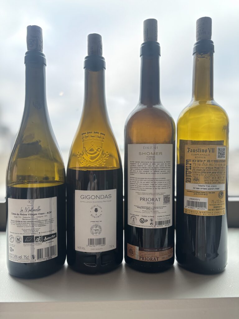 2022 Domaine La Martinelle, Cotes du Rhone Villages, Visan AOP, Syrah; 2022 Bokobsa, Gigondas, Les Pierres Blanches; 2022 Bodega Marco Abella, Daleah, Shomer, Priorat; 2023 Bodegas Faustino, Faustino VII; (back labels);
