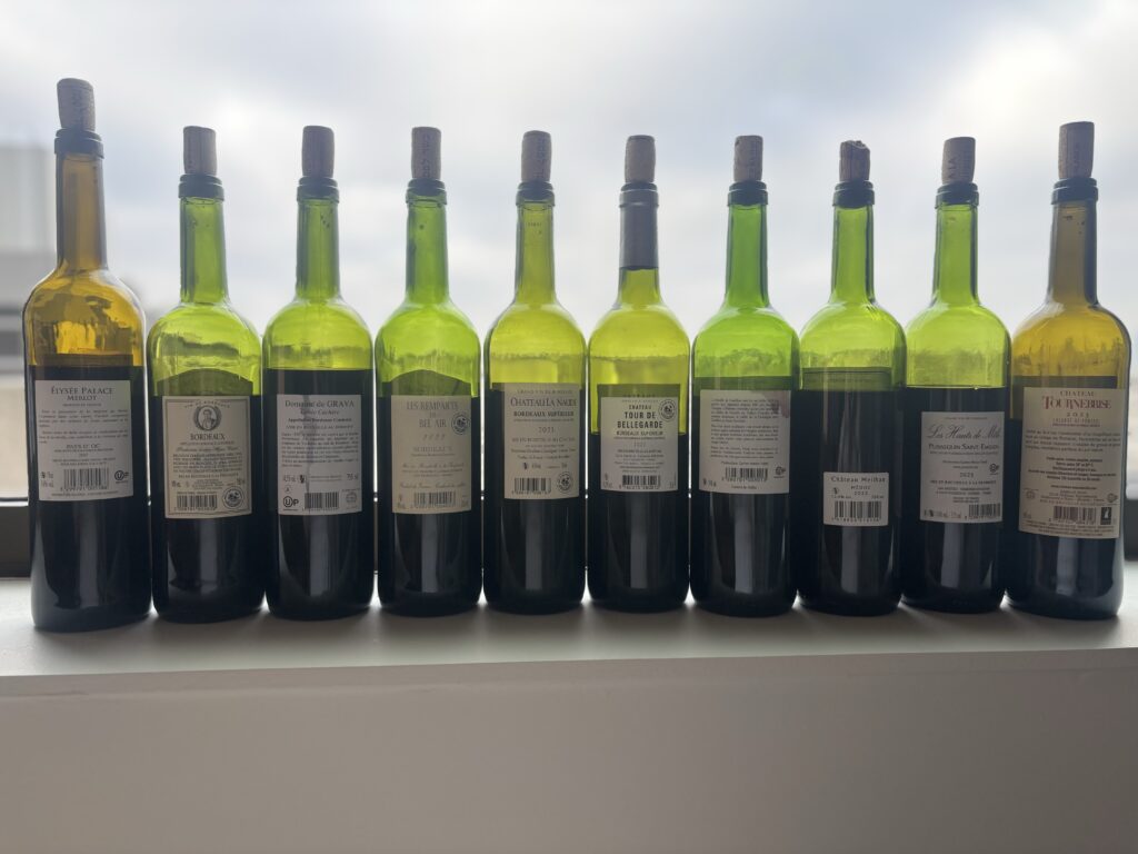 2023 Elysee Palace Merlot, Pays d’Oc; 2023 Baron David, Bordeaux; 2023 Domaine de Grava, Bordeaux; 2023 Les Remparts de Bel Air, Bordeaux; 2023 Château La Naude, Bordeaux Superieur; 2023 Château Tour de Bellegarde, Bordeaux Superieur; 2023 Chateau de L’Anglais, Castillon Côtes de Bordeaux ; 2023 Château Meilhan, Medoc; 2023 Les Hauts de Mole, Puisseguin Saint-Emilion; 2023 Chateau Tournebrise, LaLande de Pomerol; (back labels);