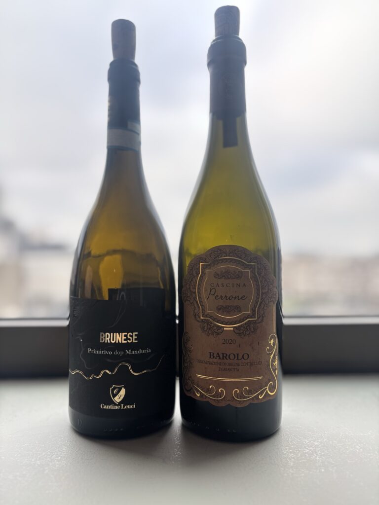 2022 Cantine Leuci Brunese, Primitivo, DOP Manduria; 2020 Cascina Perrone, Barolo;