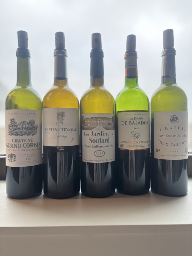 2022 Chateau Grand Corbin, Saint-Emilion Grand Cru Classe; 2022 Chateau Teyssier, Saint-Emilion Grand Cru; 2022 Les Jardins de Soutard, Saint-Émilion Grand Cru; 2022 La dame de Baladoz, Saint-Émilion Grand Cru; 2022 Chateau Vieux Taillefer, Saint-Emilion Grand Cru;