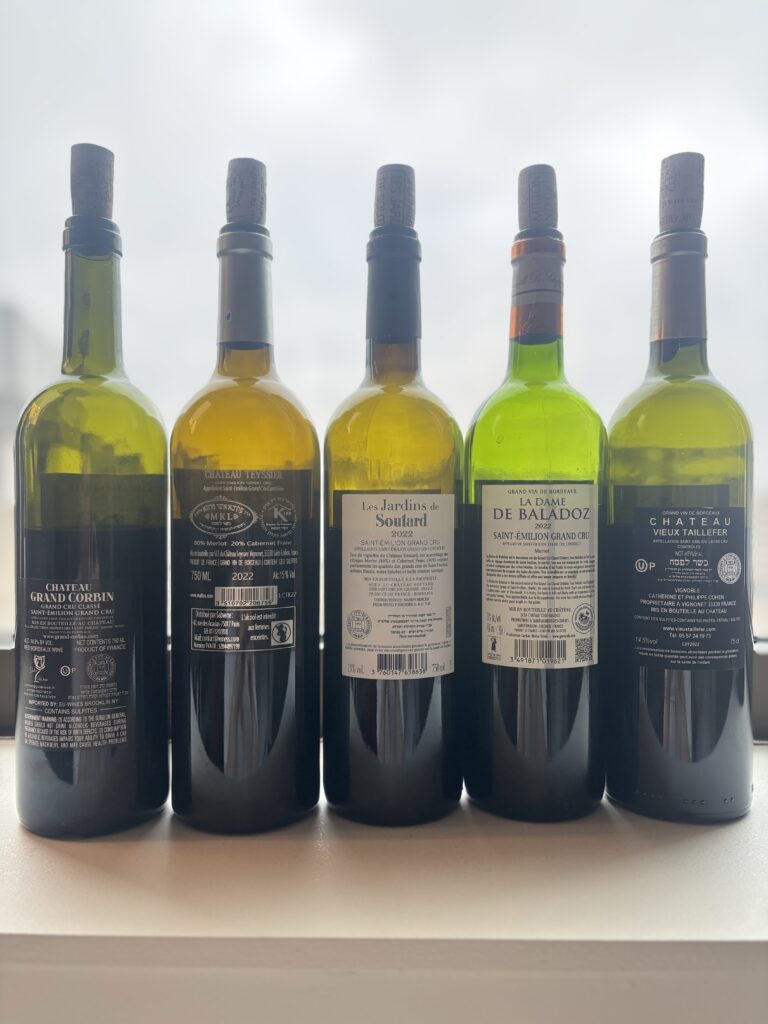 2022 Chateau Grand Corbin, Saint-Emilion Grand Cru Classe; 2022 Chateau Teyssier, Saint-Emilion Grand Cru; 2022 Les Jardins de Soutard, Saint-Émilion Grand Cru; 2022 La dame de Baladoz, Saint-Émilion Grand Cru; 2022 Chateau Vieux Taillefer, Saint-Emilion Grand Cru; (back labels);