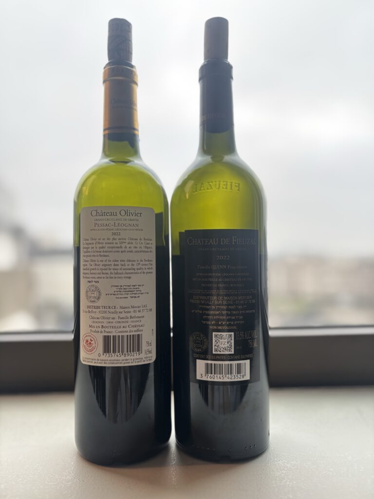 2022 Château Olivier Grand Cru Classe, Pessac-Léognan; 2022 Château de Fieuzal, Grand Cru Classé de Graves, Pessac-Leognan; (back labels);