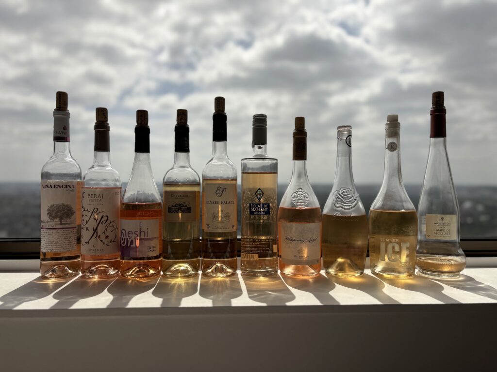 2024 Elvi Wines, Vina Encina, Rosada, La Mancha; 2024 Capcanes, Peraj Petita, Rosado, Monsant; 2024 Terra di Seta, Meshi, Rosato, Toscano; 2022 Chevalier De Marmorieres, Rosé, Vin de France; N.V. Elysee Palace, Rosé, Gris du Sud, Pays d’Oc; N.V. Eclat de Diamant, Rosé, Gris du Sud, Pays d’Oc; 2024 Cave D’Esclans, Whispering Angel, Côtes de Provence; 2024 Château Sainte Roseline, Roseline Prestige, Rosé, Côtes de Provence; N.V. Summer Ice, Rosé, Pays d’Oc; 2024 Château Sainte Roseline, Cru Classé, Rosé, Lampe de Méduse, Côtes de Provence;