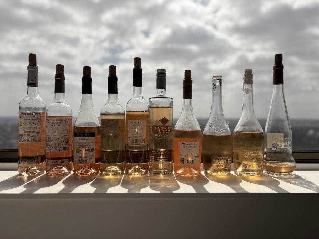 2024 Elvi Wines, Vina Encina, Rosada, La Mancha; 2024 Capcanes, Peraj Petita, Rosado, Monsant; 2024 Terra di Seta, Meshi, Rosato, Toscano; 2022 Chevalier De Marmorieres, Rosé, Vin de France; N.V. Elysee Palace, Rosé, Gris du Sud, Pays d’Oc; N.V. Eclat de Diamant, Rosé, Gris du Sud, Pays d’Oc; 2024 Cave D’Esclans, Whispering Angel, Côtes de Provence; 2024 Château Sainte Roseline, Roseline Prestige, Rosé, Côtes de Provence; N.V. Summer Ice, Rosé, Pays d’Oc; 2024 Château Sainte Roseline, Cru Classé, Rosé, Lampe de Méduse, Côtes de Provence (back labels);