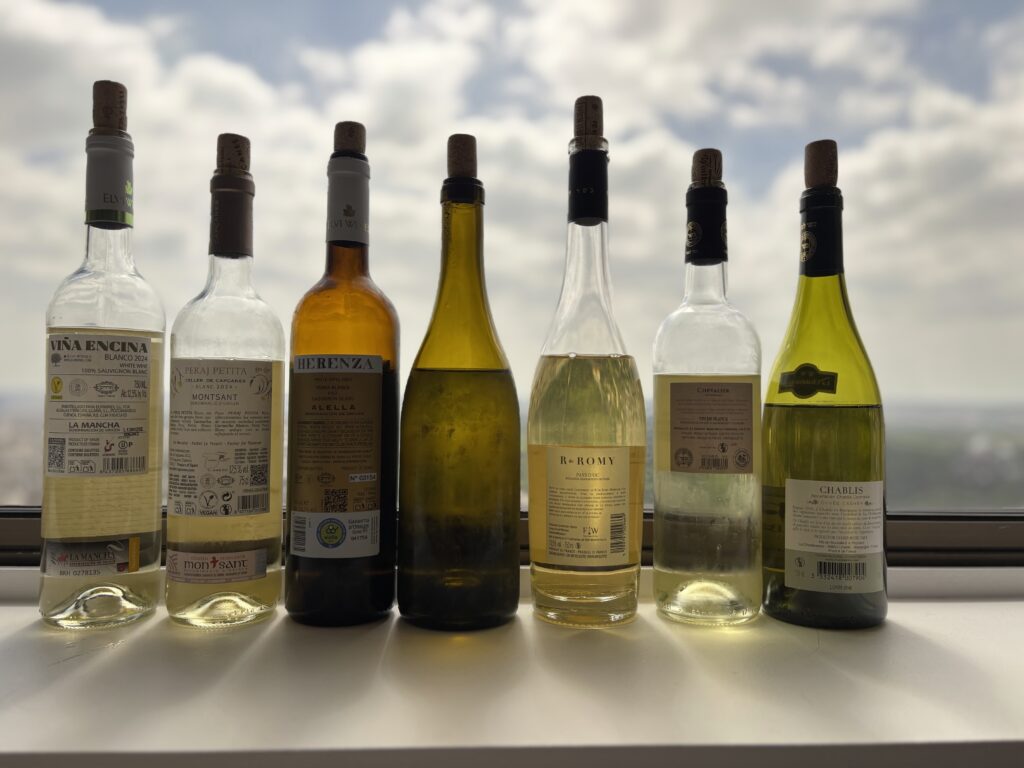 2024 Elvi Wines, Vina Encina, Blanco, La Mancha; 2024 Capcanes, Peraj Petita, Blanc, Montsant; 2024 Elvi Wines, Herenza, White, Alella; 2023 Alex Rubin, Arinto, Monterey, California; N.V. R de Romy, Chardonnay, Pays d’Oc; 2023 Chevalier De Marmorieres, Blanc, Vin de France; 2023 La Chablisienne, Cuvée Casher, Chablis (back labels);