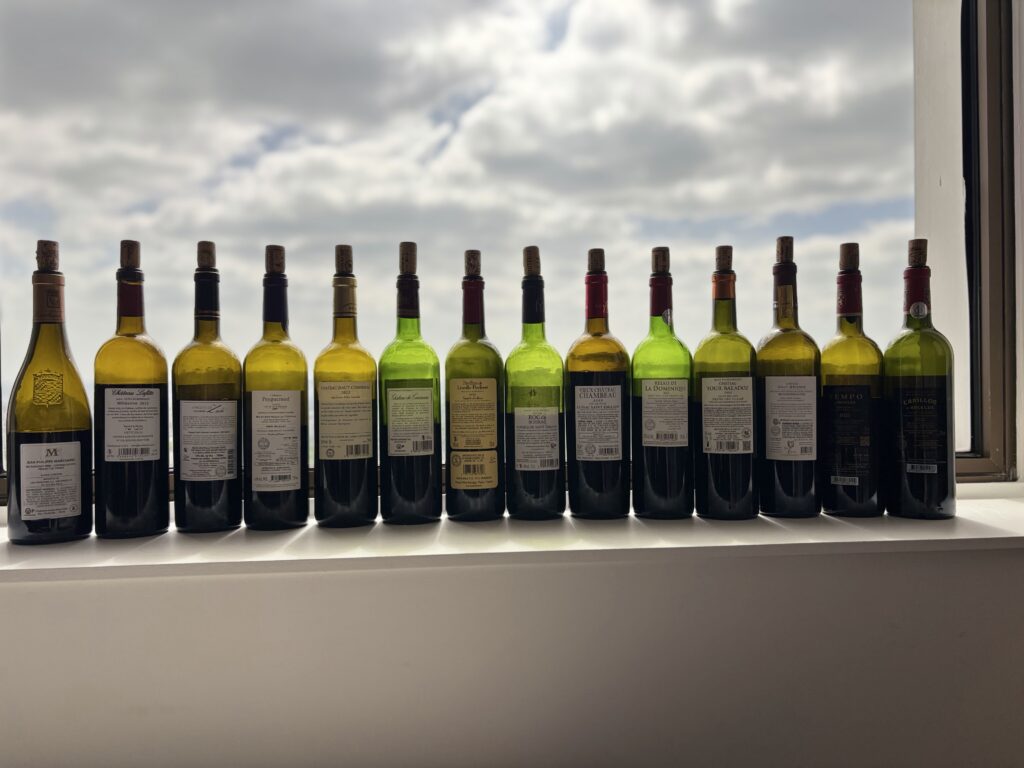 2023 JP Marchand, Aloxe-Corton, Sous Chaillots; 2022 Château Lafitte, Côtes de Bourdeau; 2022 L’Enclos de Zeide, Cuvée Boisée, Bordeaux Supérieur; 2023 Château Puygueraud, Francs-Côtes de Bordeaux; 2022 Château Haut Condissas, Prestige, Medoc; 2022 Château du Courneau, Margaux; 2022 Pavillon de Leoville Poyferre, Saint Julien; 2023 Château Roc de Boissac, Puisseguin Saint-Émilion; 2022 Vieux Château Chambeau, Reserve, Lussac Saint-Émilion; 2022 Relais de La Dominique, Saint-Émilion Grand Cru; 2022 Château Tour Baladoz, Saint-Émilion Grand Cru Classé; 2022 Château Haut Brisson, Saint-Émilion Grand Cru; 2023 Tempo D’ Angelus, Bordeaux ; 2022 Carillon D’Angelus, Saint Émilion (back labels);